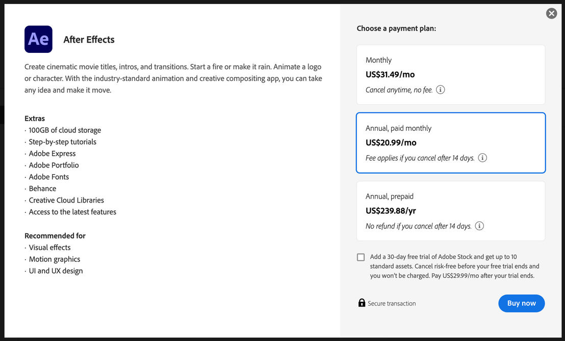 Adobe After Effects pricing