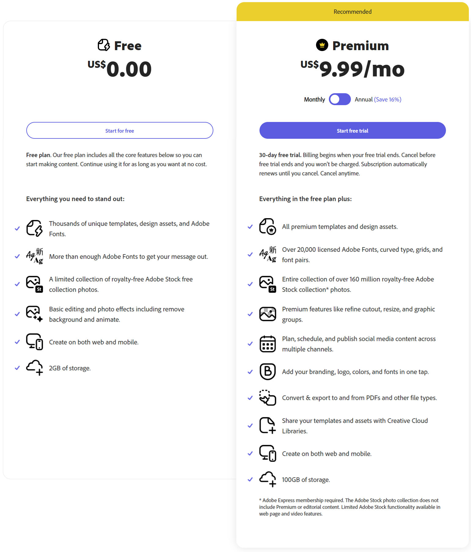 Adobe Express pricing