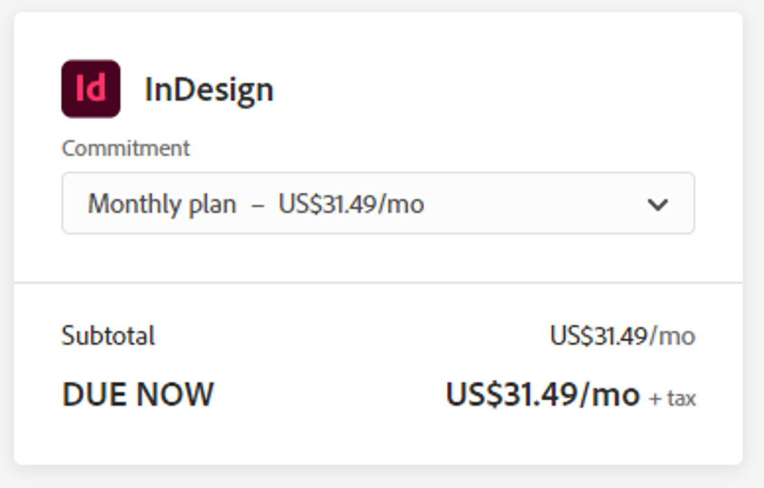 Adobe InDesign pricing