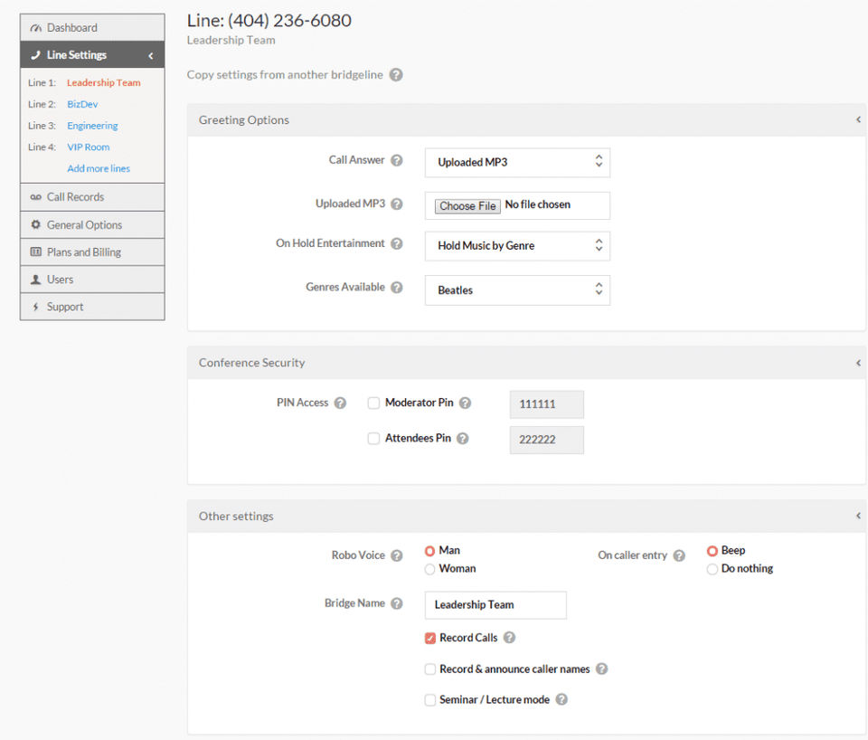 Conference call services line configuraitons