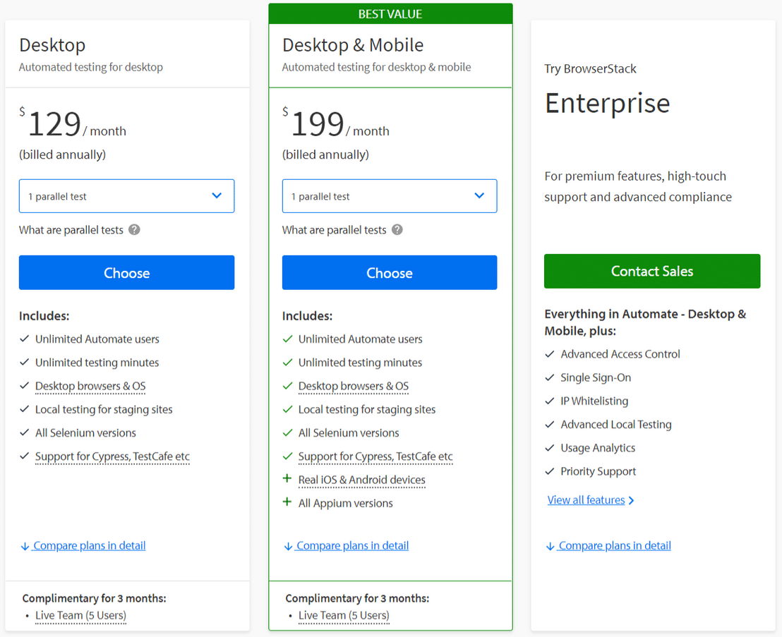 BrowserStack pricing