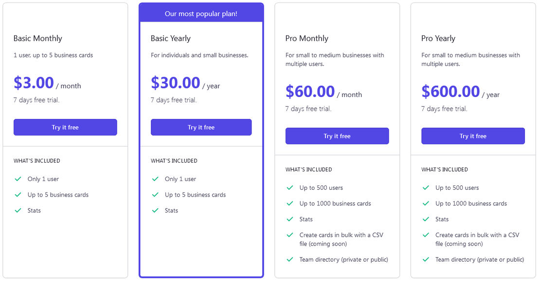 businesscards.io pricing