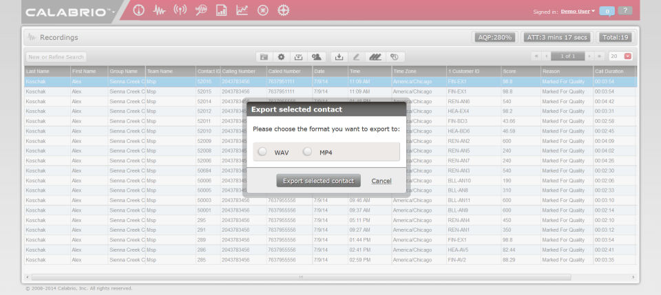 Calabrio Call Recording screenshot: Users can select the format in which to export contacts-thumb