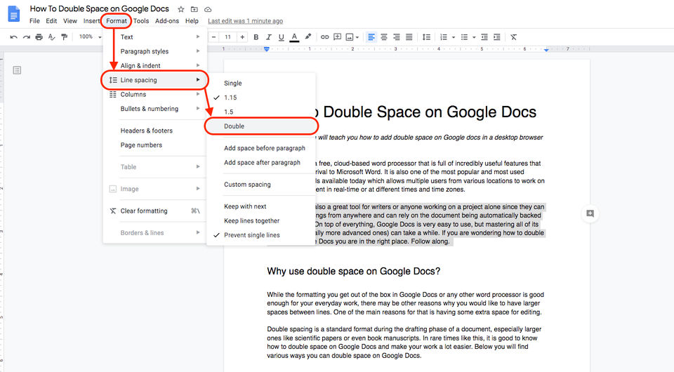 Double Space on Google Docs