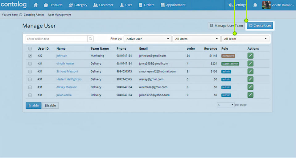 Contalog screenshot: Users can be given different roles, responsibilities, and access permissions in Contalog