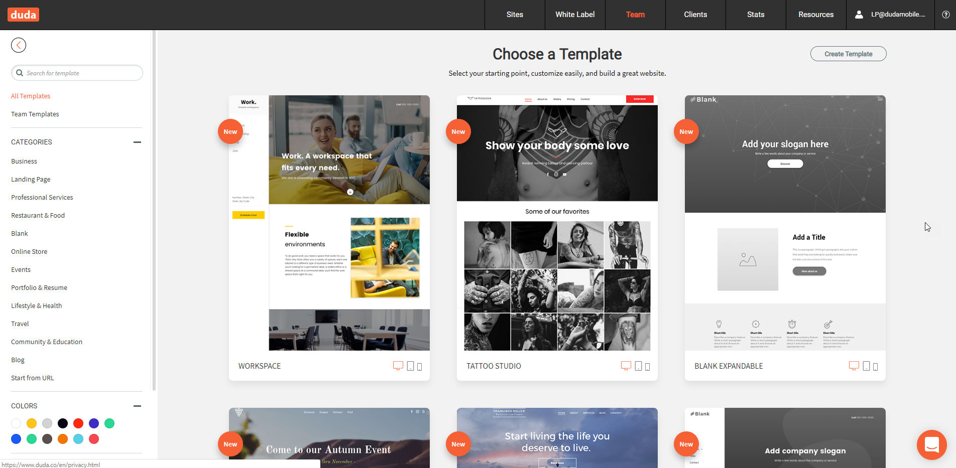 Duda screenshot: Wide Selection of Templates