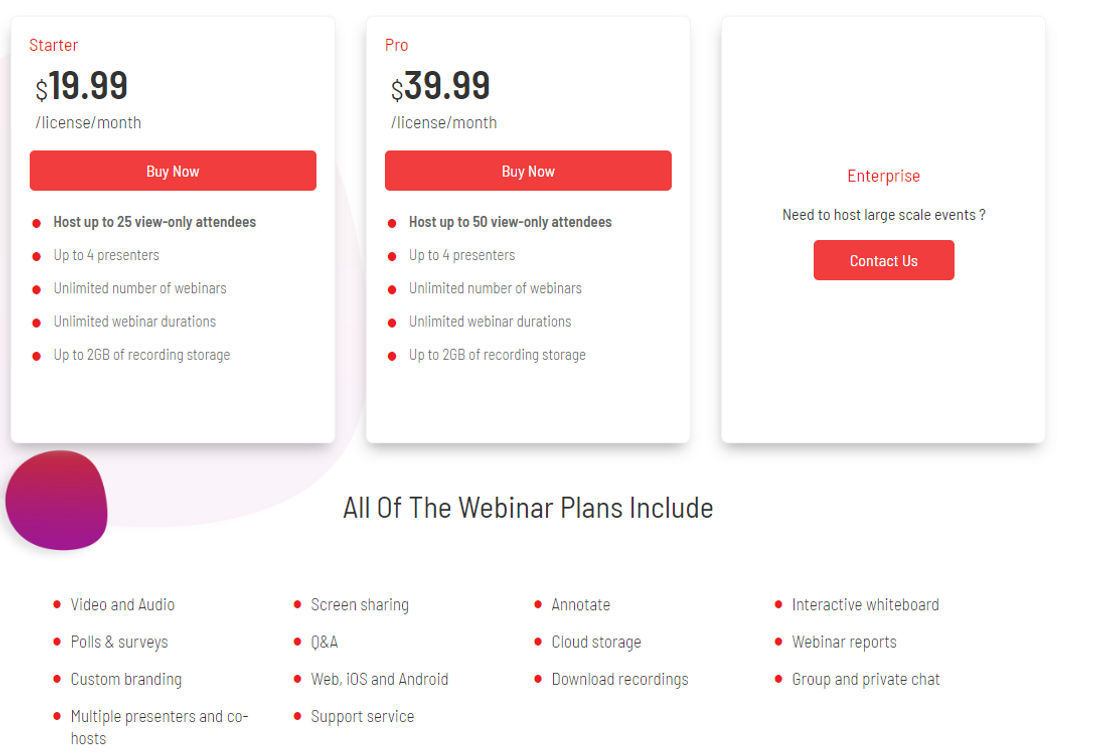 enableX Webinar pricing