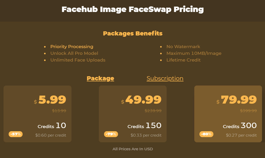 FaceHub Image FaceSwap pricing