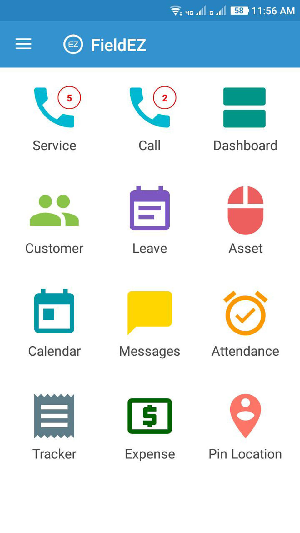 FieldEZ screenshot: Comprehensive list of features on mobile: Track jobs, customers, attendance, expenses, locations, and more!