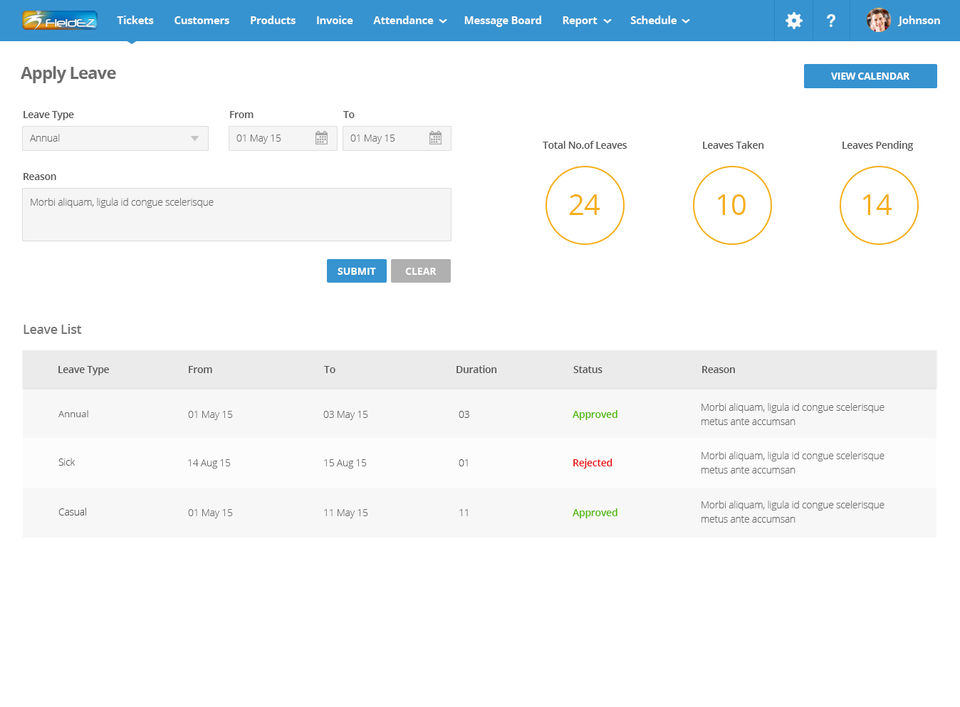 FieldEZ screenshot: Leave Management - Enhanced leave approval and tracking system with HRMS integration options