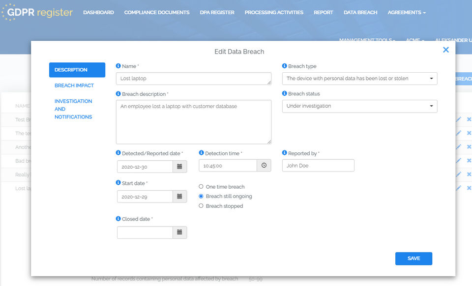Data Breach Register screenshot
