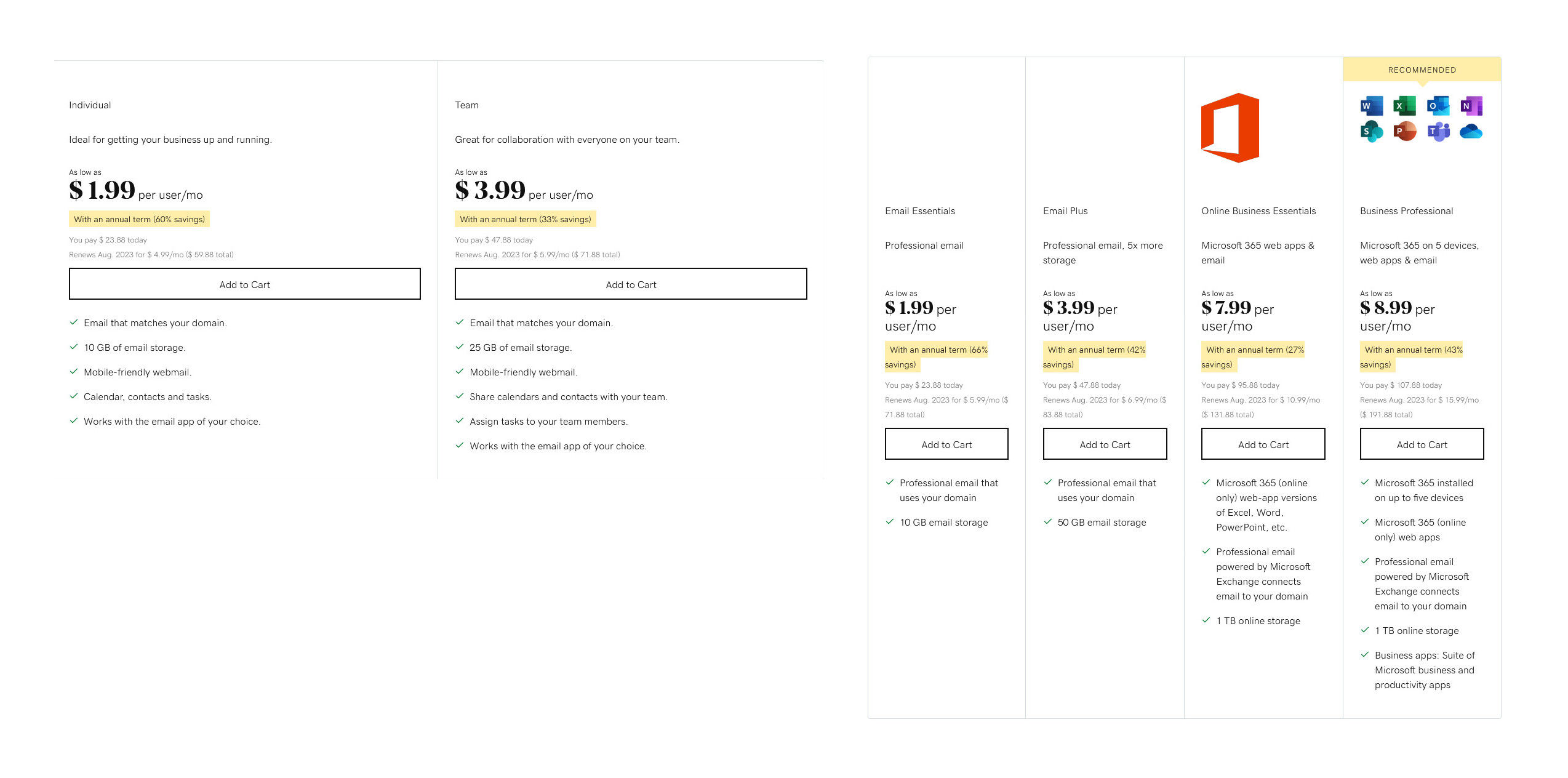 GoDaddy Email & Office pricing