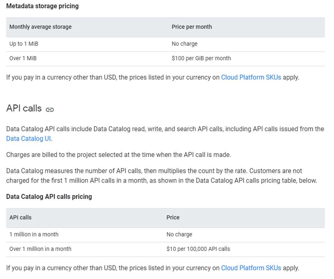 Google Cloud Data Catalog pricing