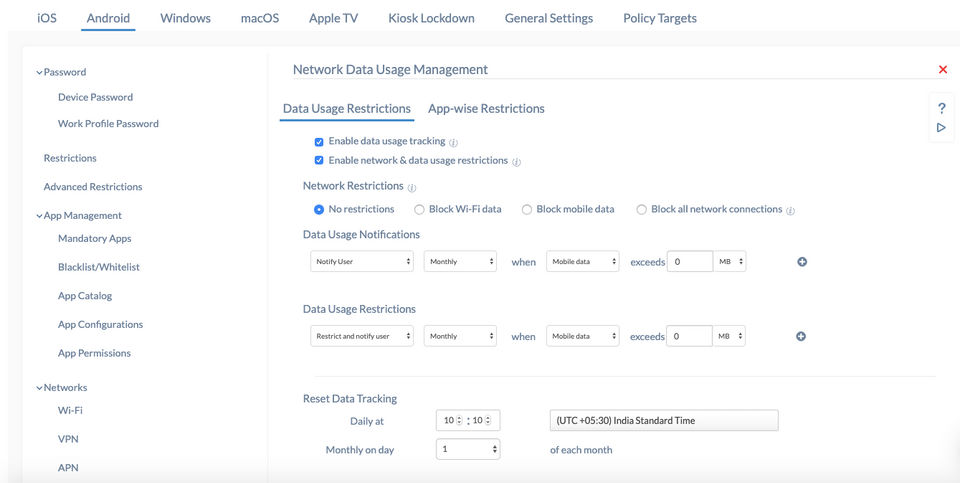 Network Data Usage Management Configuration