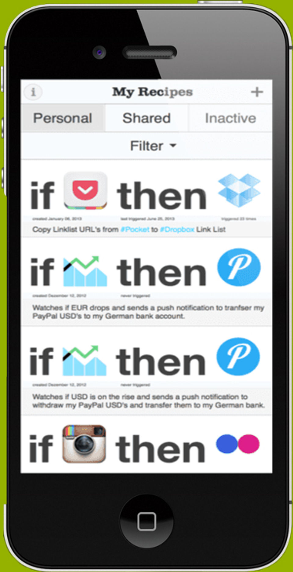 IFTTT screenshot: Allows users to filter different recipes, and copy linklist URLs from various apps including Pocket and Dropbox-thumb