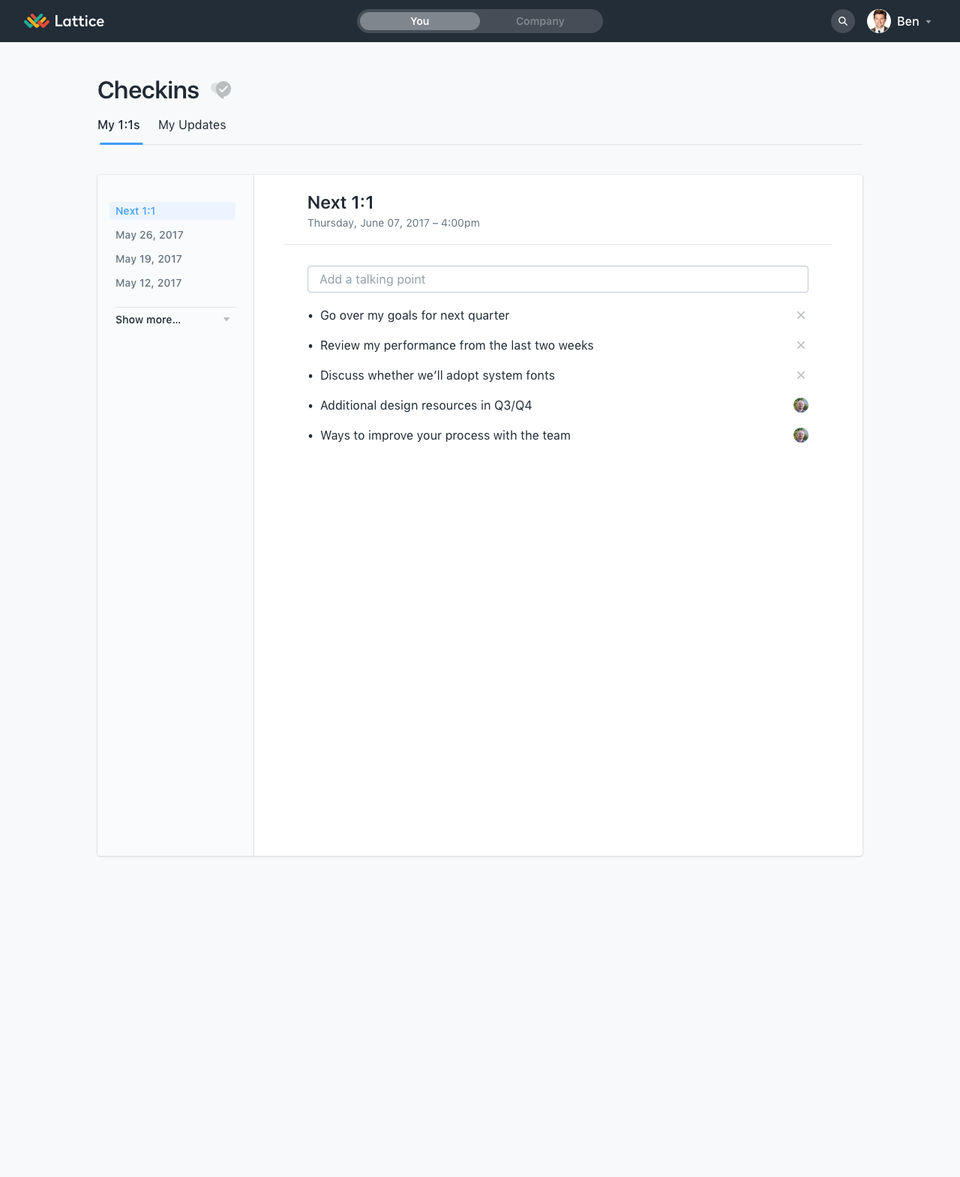 Lattice Performance Management Demo - Lattice 1:1 Meeting Agenda