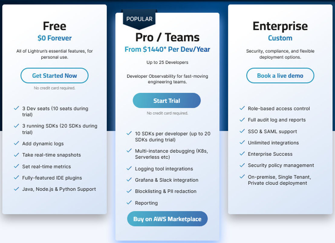 Lightrun Observability Platform pricing