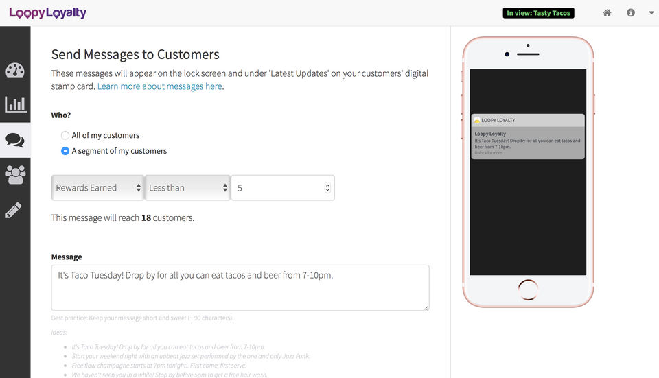 Loopy Loyalty screenshot: Send personalized messages to all customers or specific customer segments.