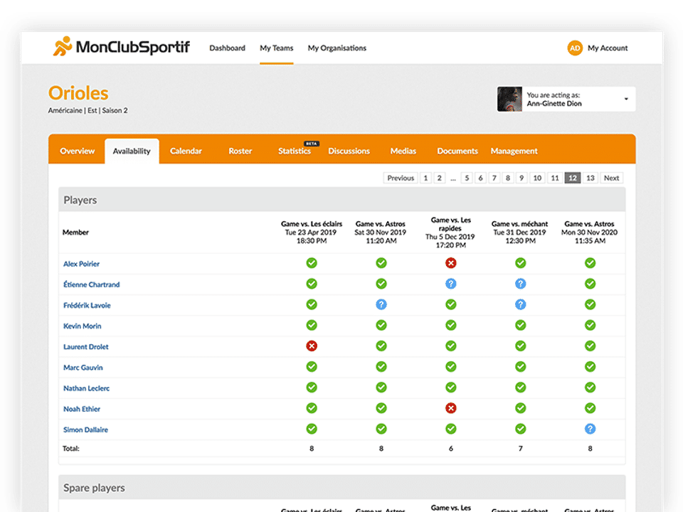 MonClubSportif : Availability Management screenshot