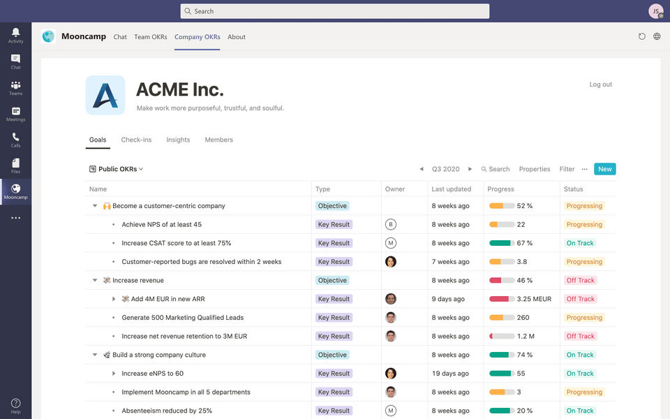 OKRs Microsoft Teams Integration screenshot