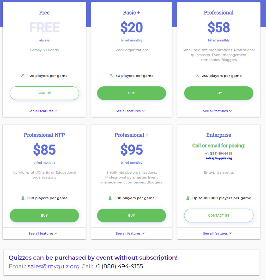 myQuiz pricing