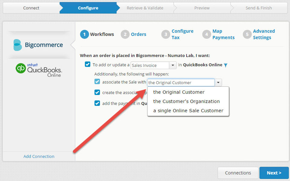 OneSaas screenshot: OneSaas users have the option to choose between three different methods of sending contacts to the accounting system