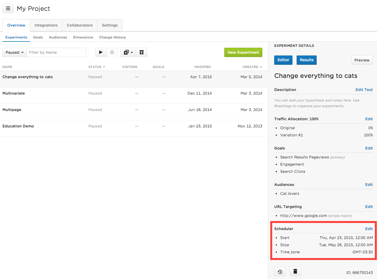 Optimizely screenshot: Optimizely's experiment scheduler-thumb