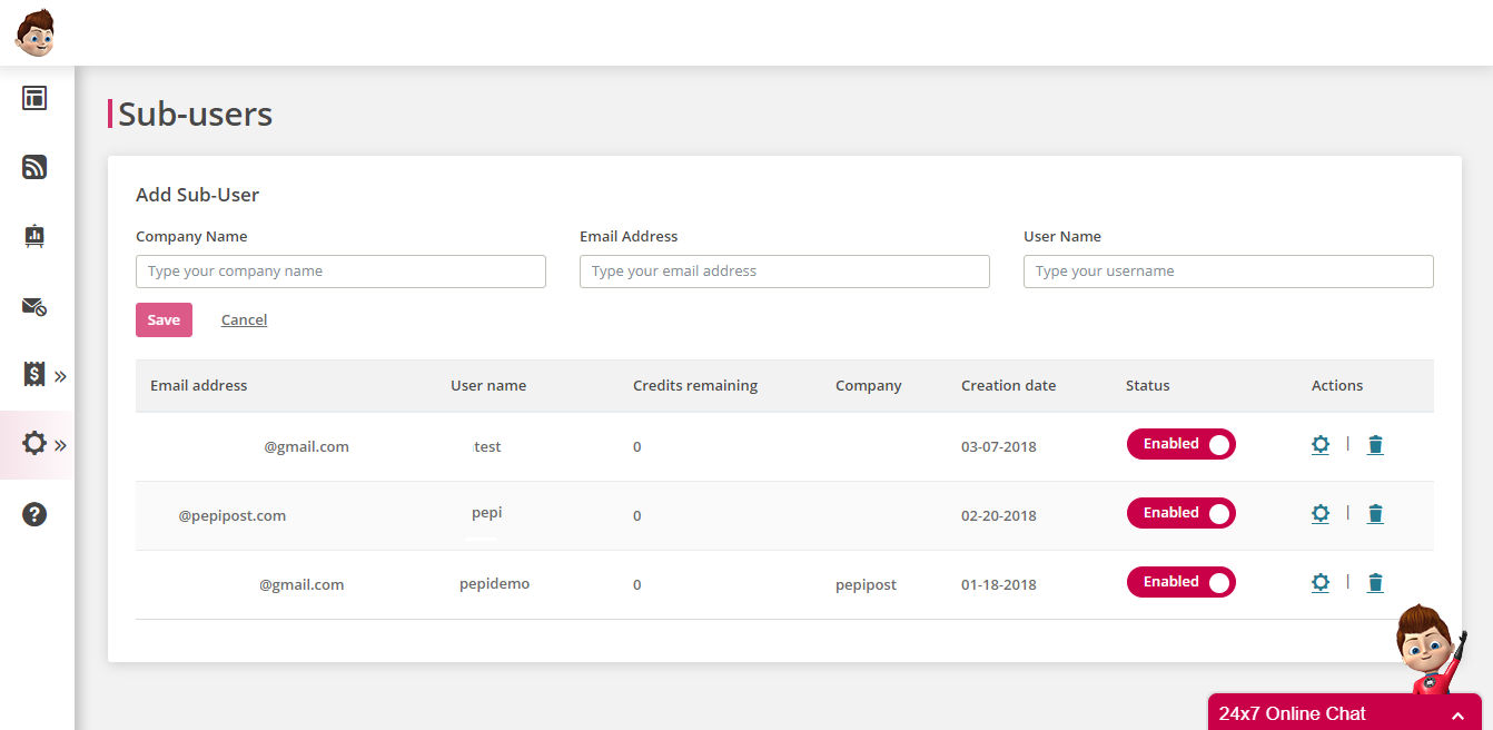 Pepipost screenshot: Create and manage multiple sub-users-thumb