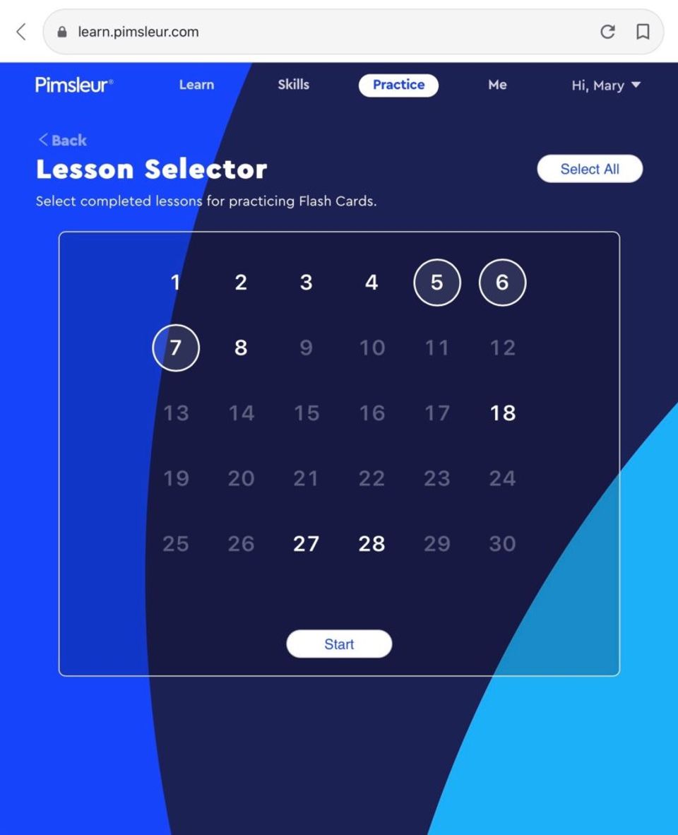 Pimsleur Practice Lesson Selector