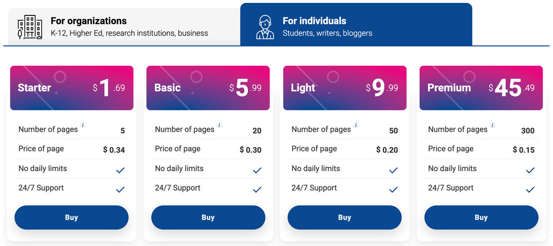 PlagiarismCheck.org pricing