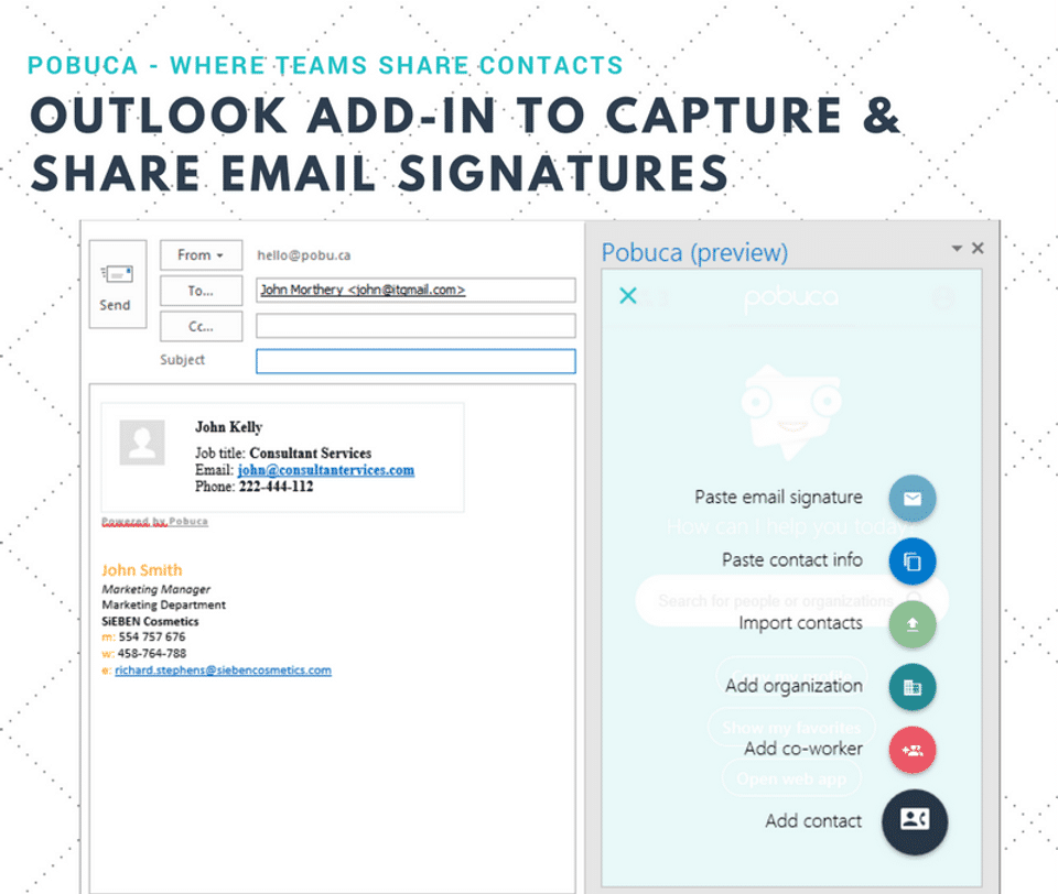 Pobuca Connect screenshot: Pobuca for Outlook - now you can easily copy/paste unknown email signatures and translate them into new contacts for your company address book or search for any contact using keywords (job title, department)-thumb