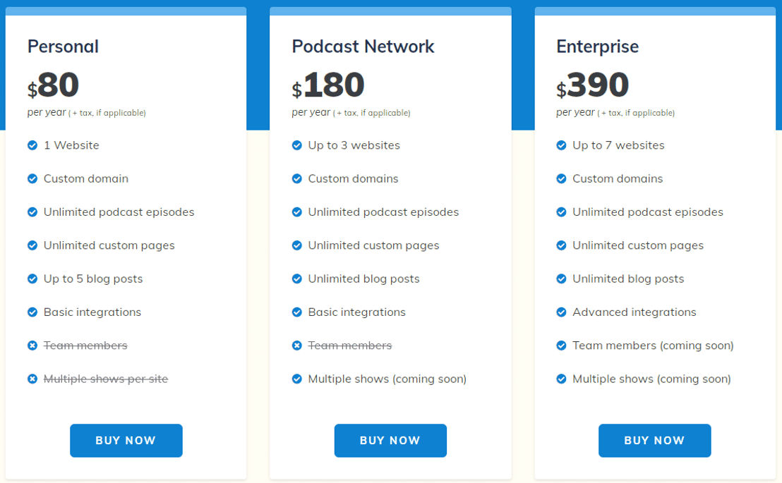 podcastpage pricing