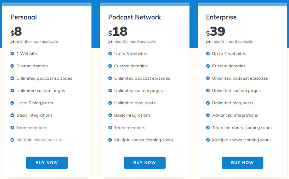 Podcastpage pricing