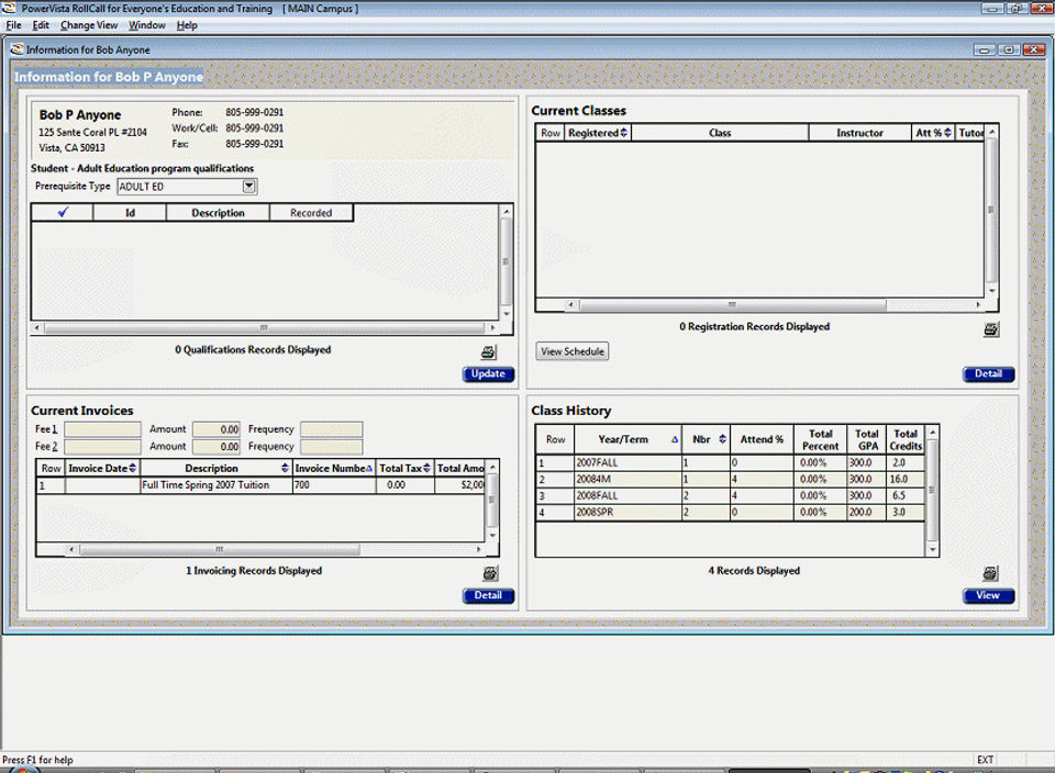 PowerVista RollCall screenshot: Student view in RollCall provides comprehensive view of student's information and historical data