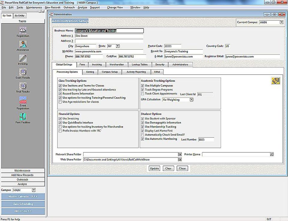 PowerVista RollCall screenshot: The administration window maintains global information about RollCall preferences and the business's setup