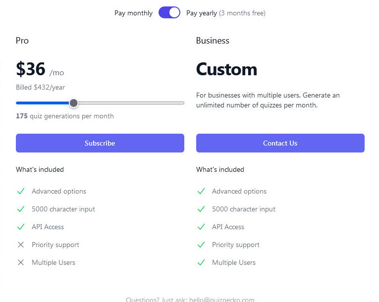 Quizgecko pricing