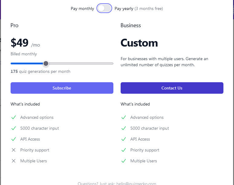 Quizgecko pricing