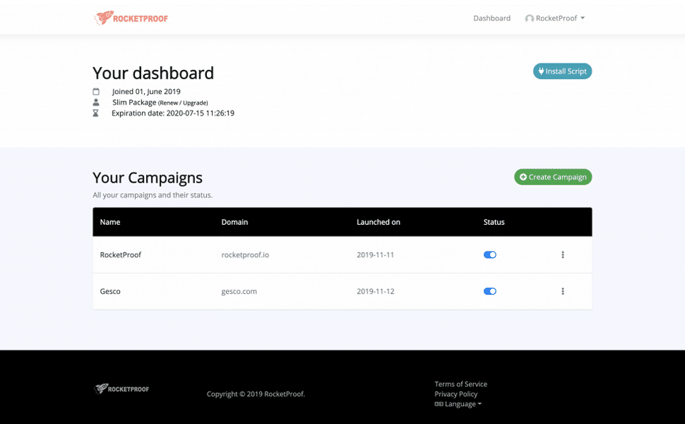 RocketProof : Dashboard screenshot