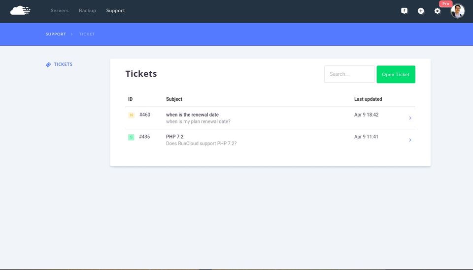 RunCloud : Ticket screenshot