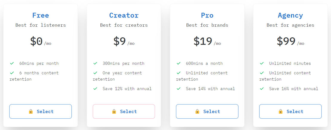 Shownotes pricing