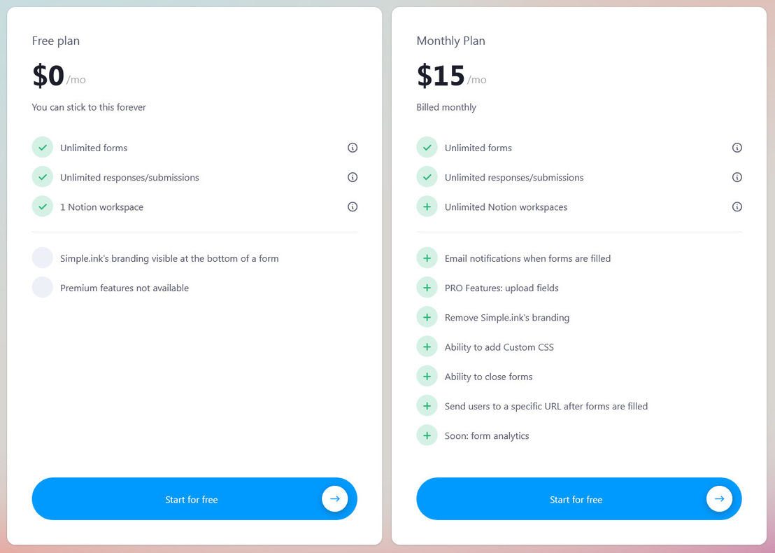 Simple Notion Forms pricing