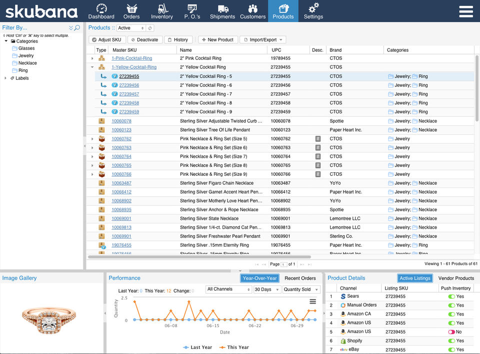 Skubana screenshot: Skubana Product View by SKU to track year over year performance, current sales channels, recent orders and more.-thumb