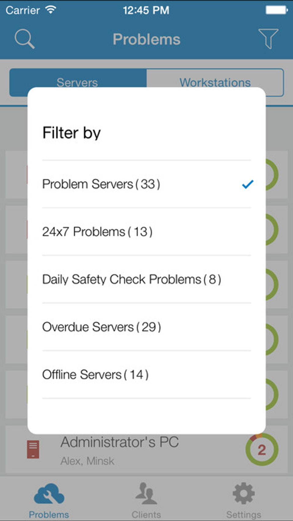 SolarWinds RMM screenshot: Issues can be filtered by type-thumb