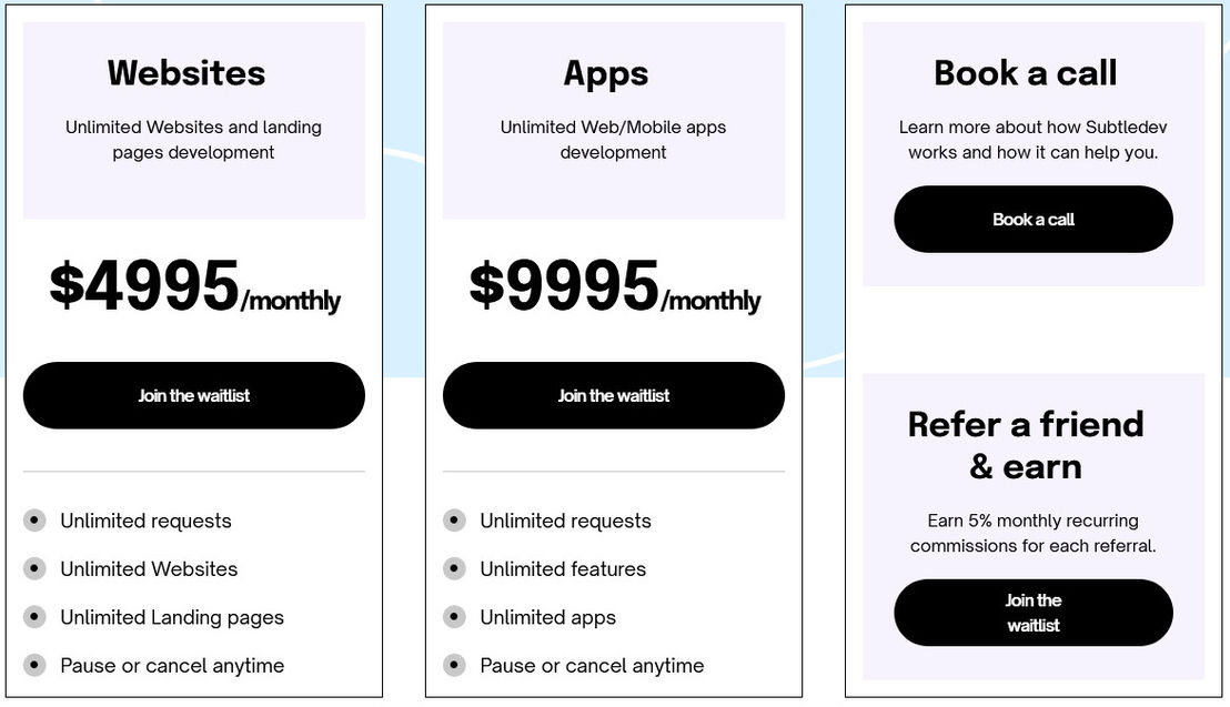 Subtledev.co pricing