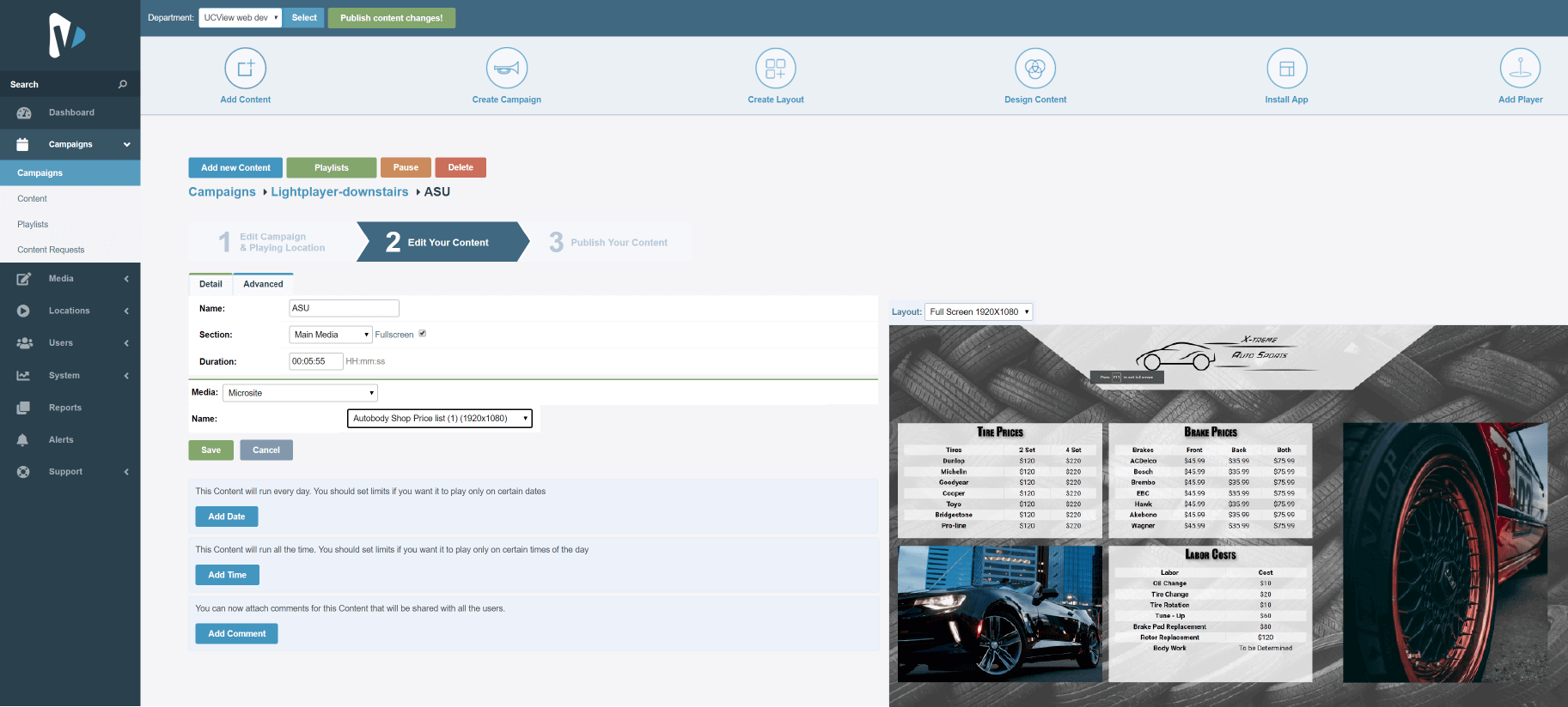 Create, schedule and update digital signage content playlists