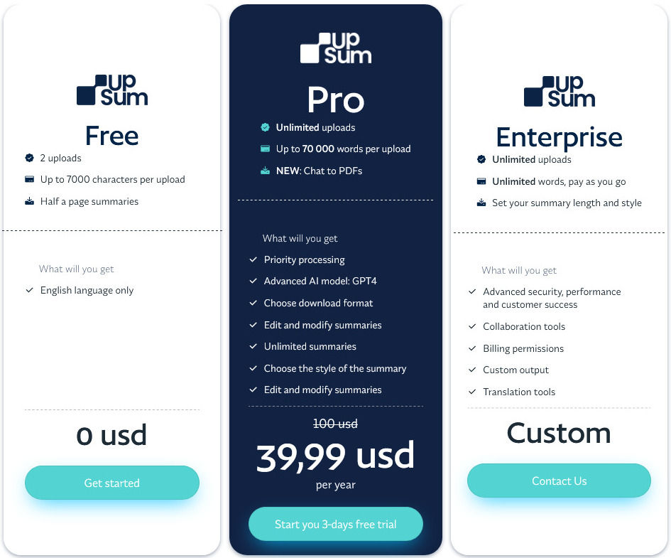 UpSum pricing