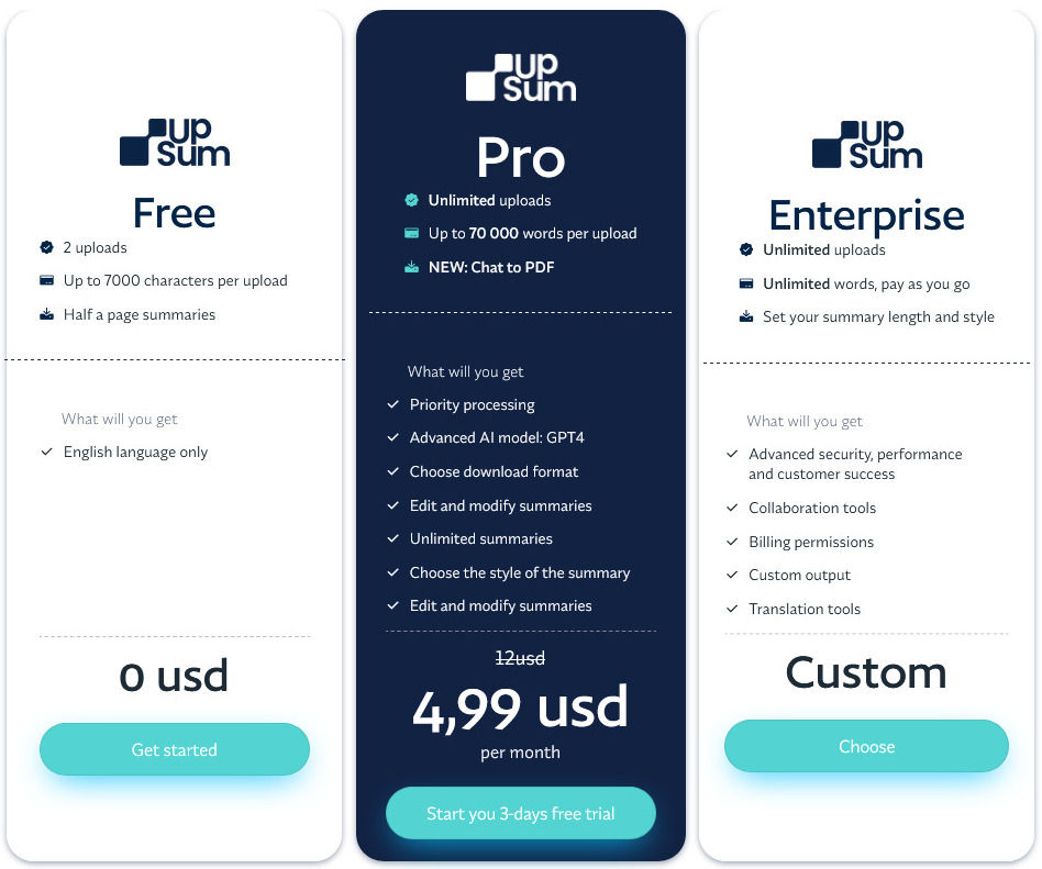 UpSum pricing