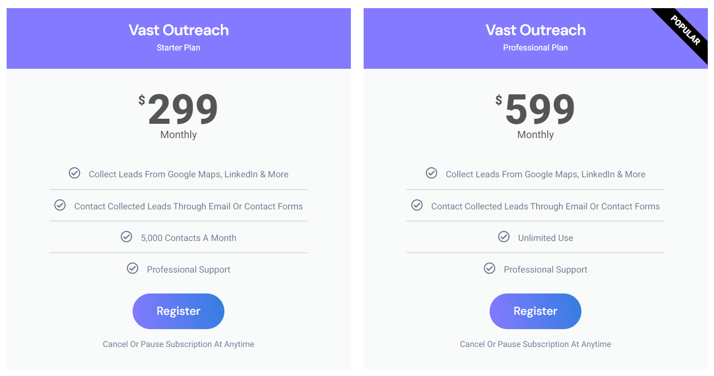 Vast Outreach pricing