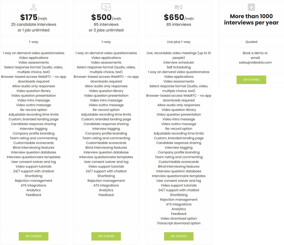 videoBIO Recruiter pricing