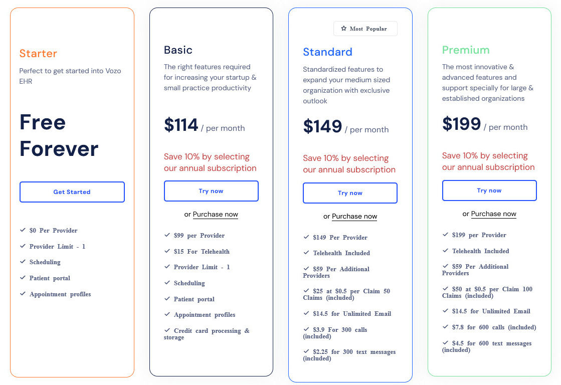 Vozo EHR pricing